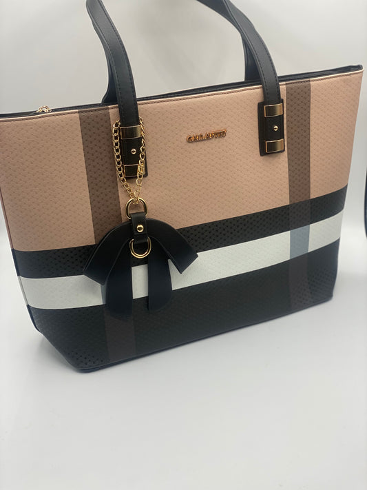 Plaid Print w/ Bow Tote Bag Cream/Black/White