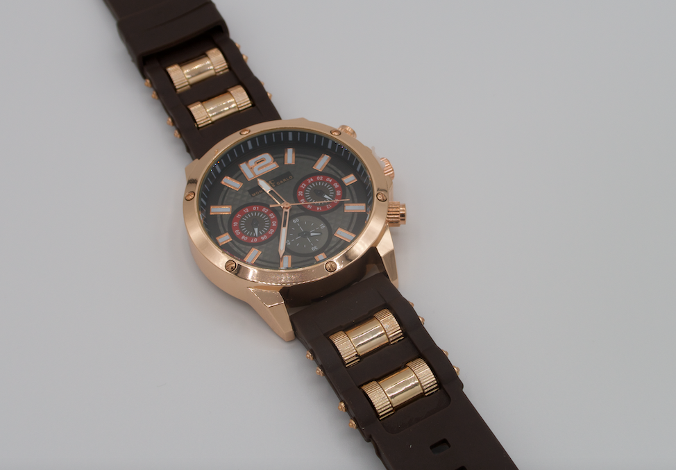 Montres Carlo Brown Bullet Band Watch with Rose Gold Case with Black Dial