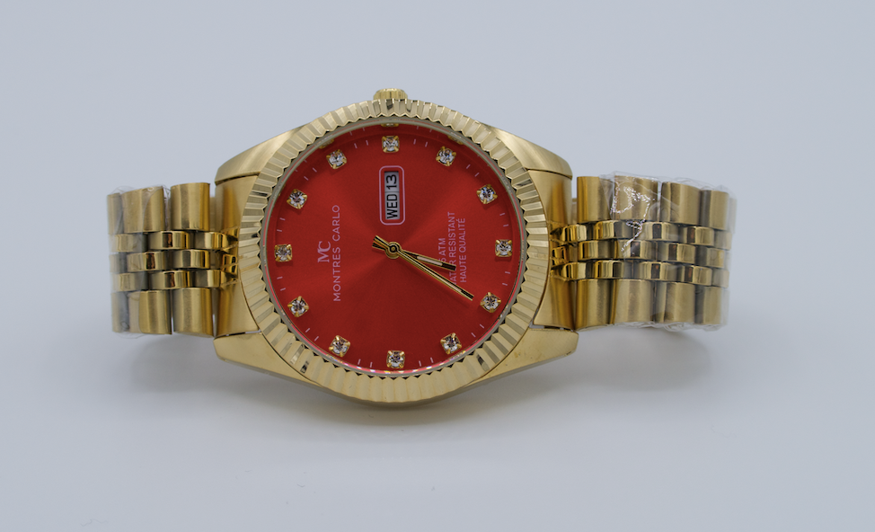 Montres Carlo Gold Metal Band Watch with Red Dial and Day/Date Functionality