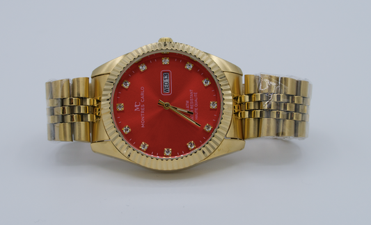 Montres Carlo Gold Metal Band Watch with Red Dial and Day/Date Functionality