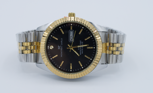 Montres Carlo Two-Tone Metal Band Watch with Black Dial and Day/Date Functionality