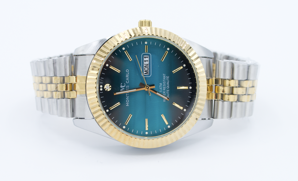 Montres Carlo Two-Tone Metal Band Watch with Teal Dial and Day/Date Functionality